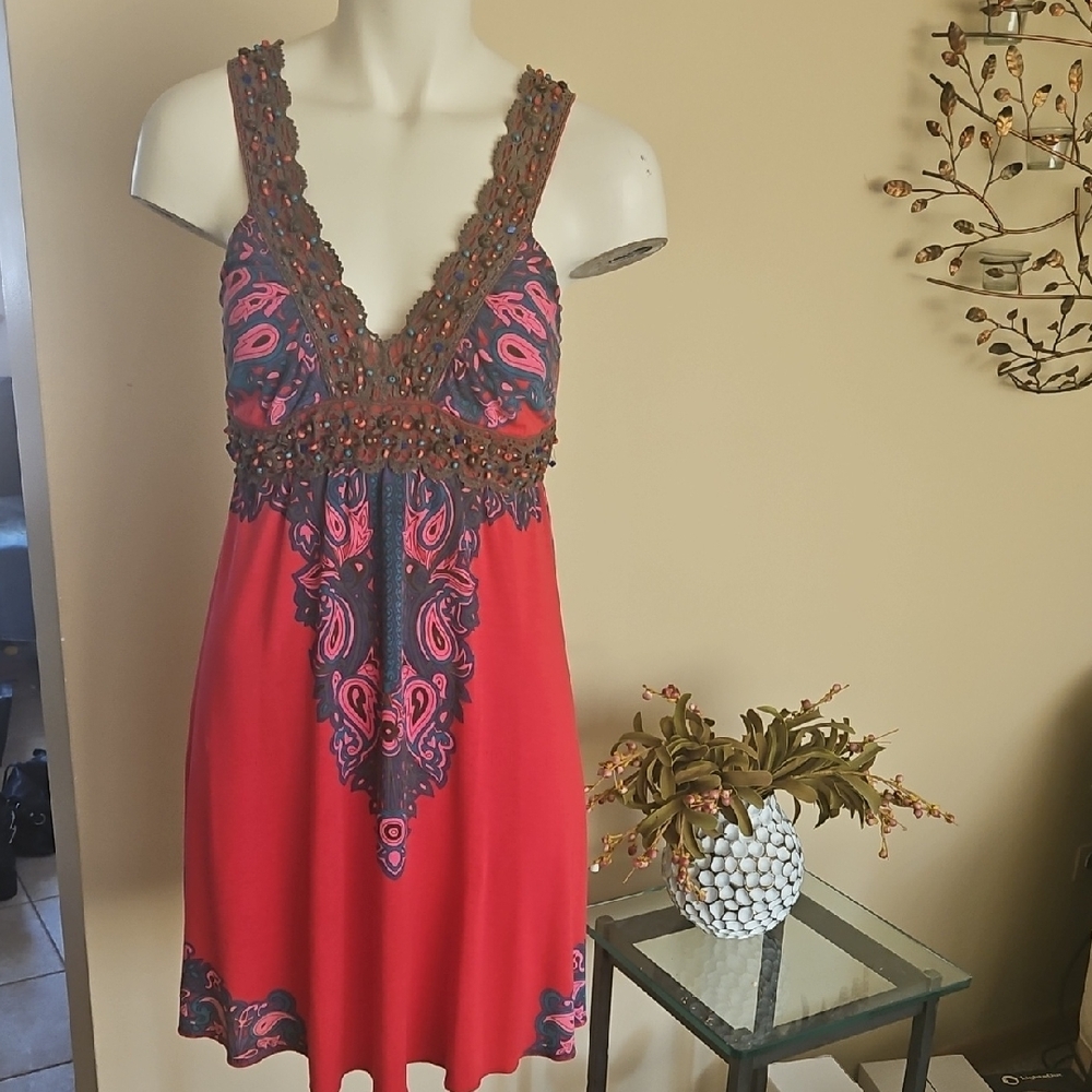 BEAUTIFUL FREE PEOPLE RED, PINK, AND BROWN BEADED TUNIC OR DRESS. NWOT. - Picture 4 of 16
